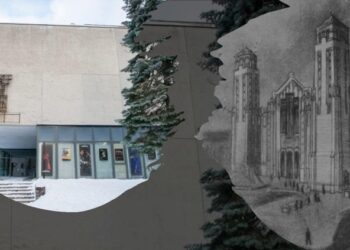 Buvę Statybininkų kultūros rūmai ir Antano Vivulskio projektuotos Švč. Jėzaus Širdies bažnyčios piešinys