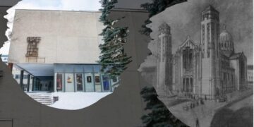 Buvę Statybininkų kultūros rūmai ir Antano Vivulskio projektuotos Švč. Jėzaus Širdies bažnyčios piešinys