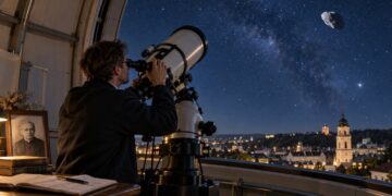 Astronomas prie teleskopo stebi žvaigždėtą dangų, kuriame vaizduojamas asteroidas