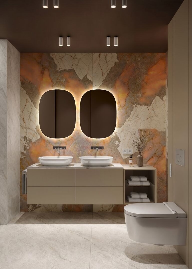 Justinos Garbštės projekto „Baltic Coast Spa Bathroom“ bendras vaizdas su praustuvais ir WC