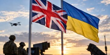 Jungtinės Karalystės ir Ukrainos vėliavos, kariai, dronas ir oro gynybos įranga