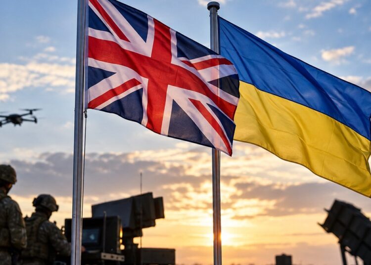 Jungtinės Karalystės ir Ukrainos vėliavos, kariai, dronas ir oro gynybos įranga