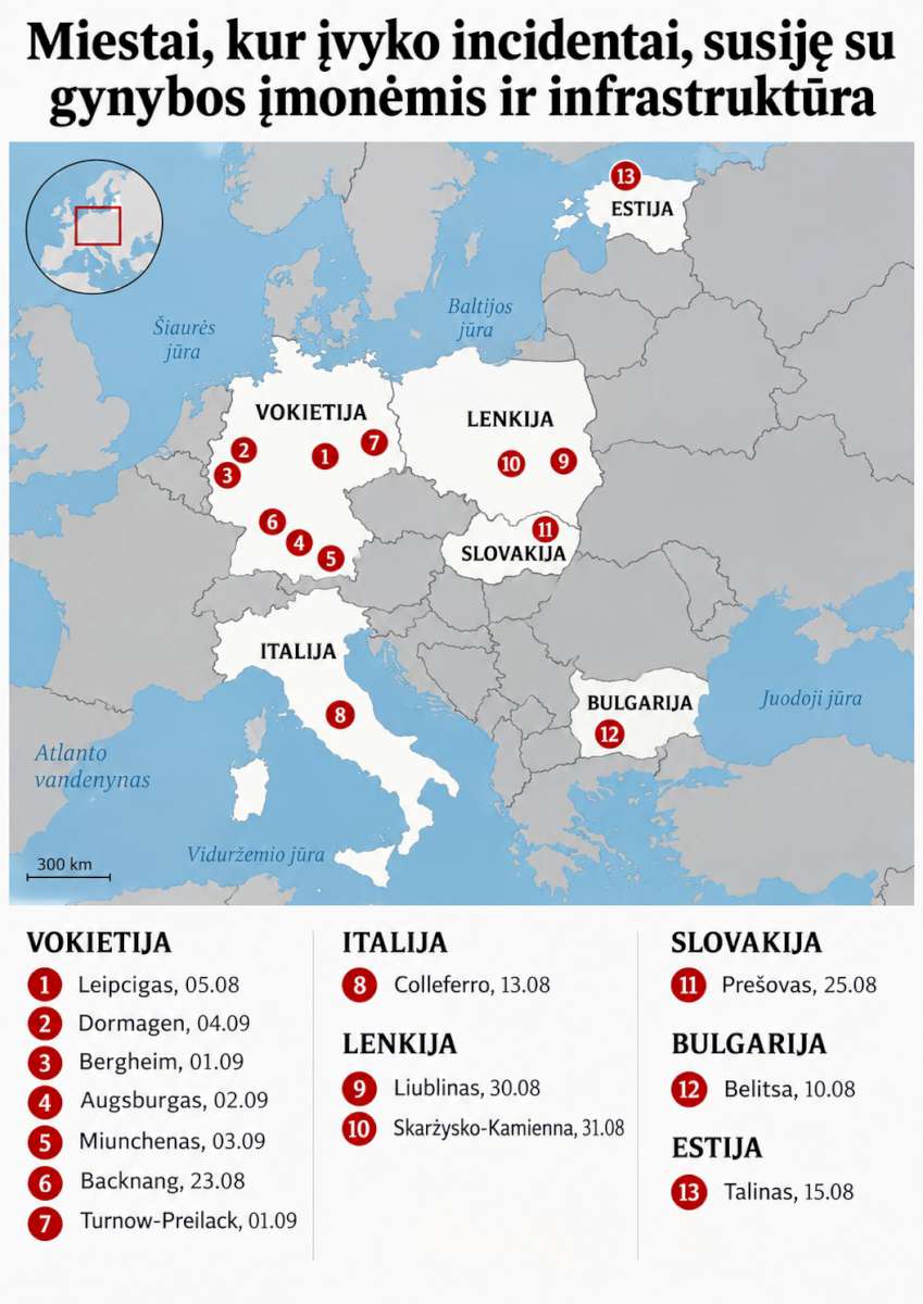 Europos žemėlapis su 2026 m. rugpjūtį ir rugsėjo pradžioje fiksuotų incidentų prie gynybos įmonių ir infrastruktūros vietomis