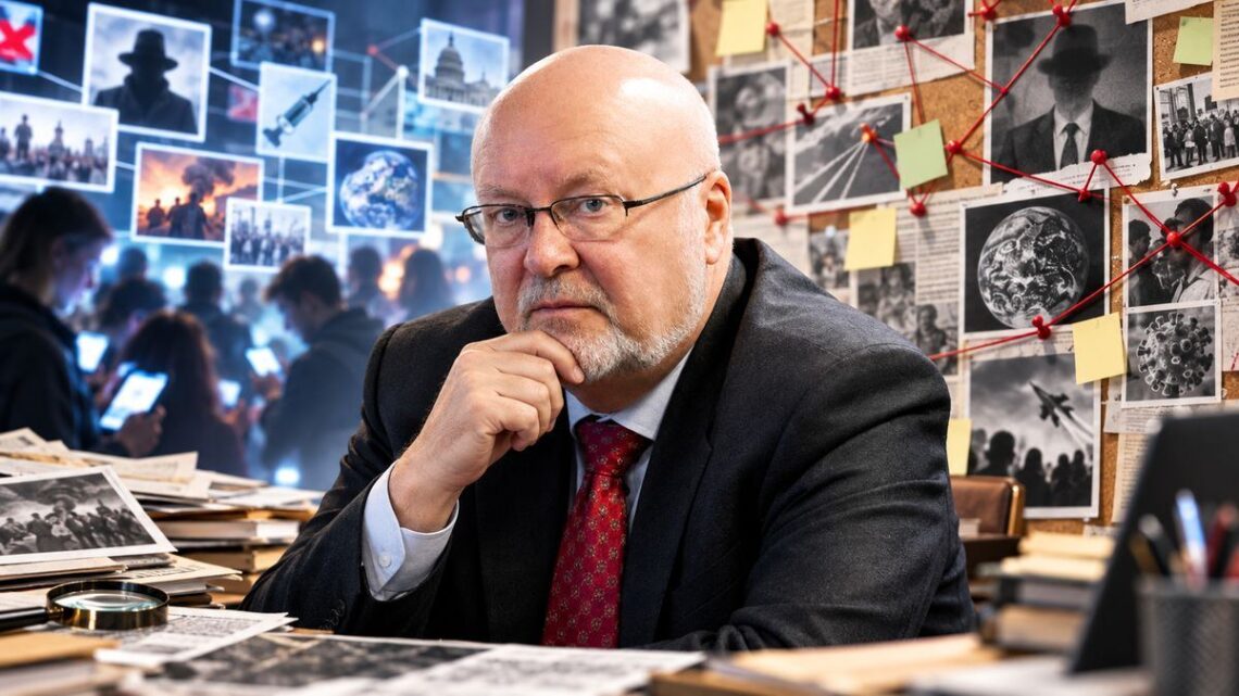 Prof. dr. Gediminas Navaitis sąmokslo teorijas simbolizuojančiame koliaže