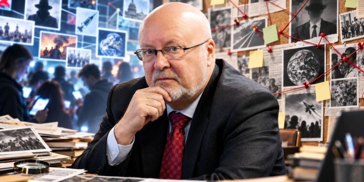 Prof. dr. Gediminas Navaitis sąmokslo teorijas simbolizuojančiame koliaže