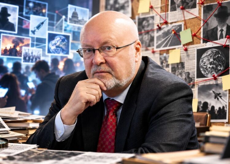 Prof. dr. Gediminas Navaitis sąmokslo teorijas simbolizuojančiame koliaže