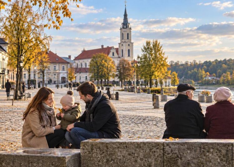 Jauna šeima su vaiku ir vyresnio amžiaus žmonės Lietuvos miestelio aikštėje