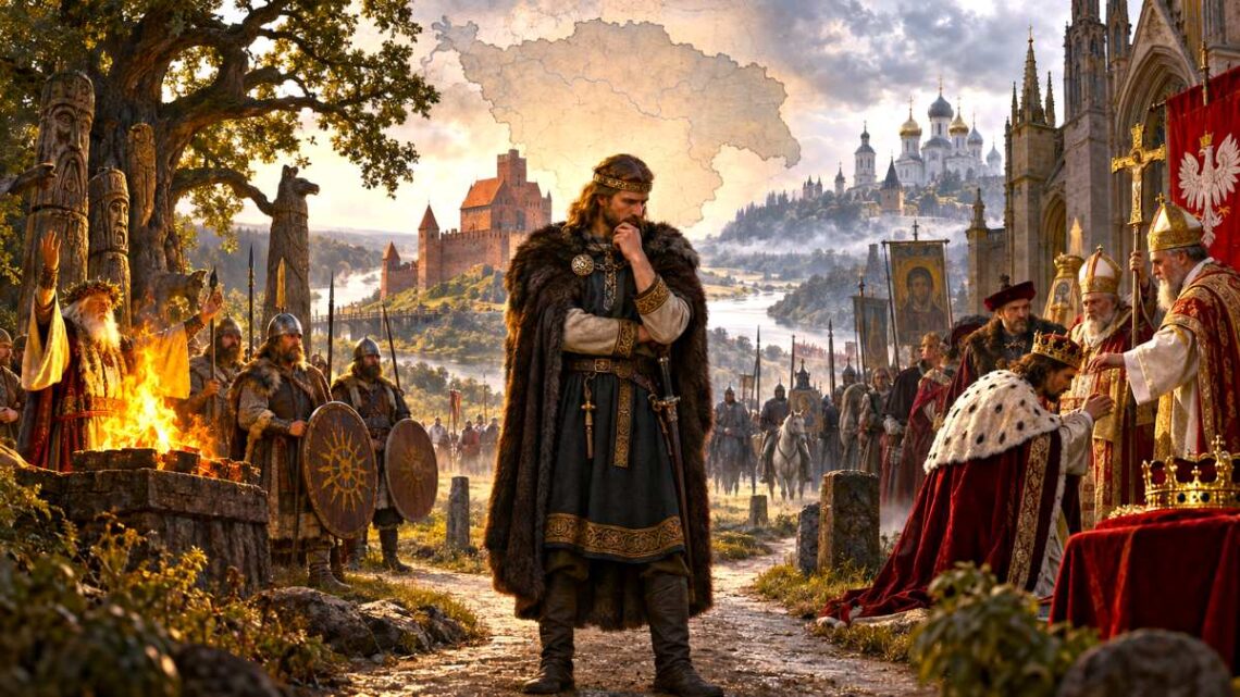 Lietuvos valdovų apsisprendimą dėl krikšto vaizduojanti iliustracija