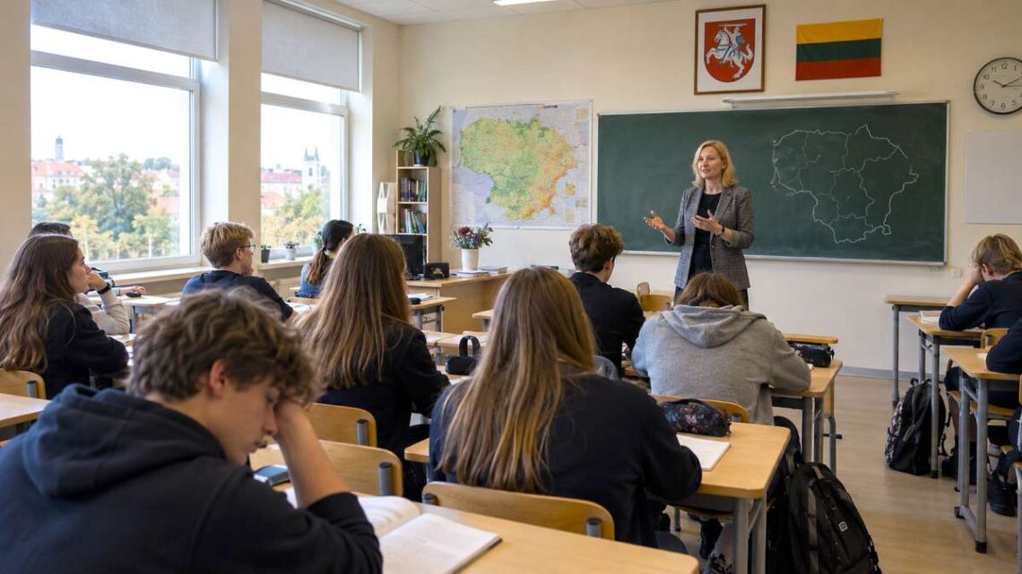 Mokytoja veda pamoką Lietuvos mokykloje