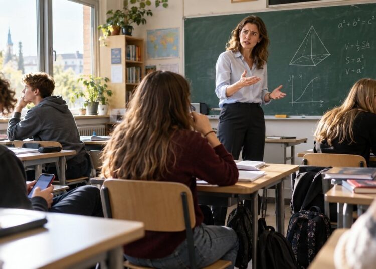 Mokytoja veda pamoką klasėje, kurioje dalis mokinių klausosi, o kiti yra išsiblaškę
