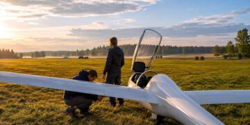 Rugsėjo rytą prieš skrydį tikrinamas sklandytuvas Lietuvos aerodrome