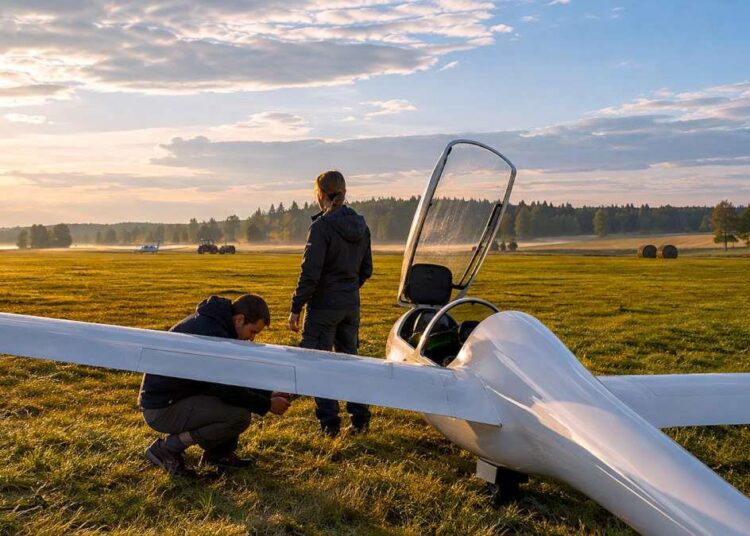 Rugsėjo rytą prieš skrydį tikrinamas sklandytuvas Lietuvos aerodrome