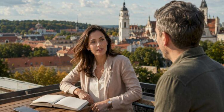 Du žmonės rugsėjo popietę kalbasi Vilniaus miesto terasoje