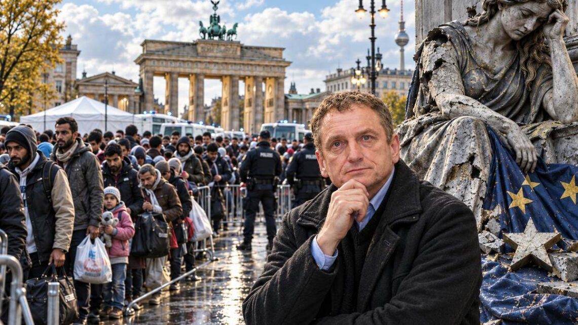 Stanislovo Buškevičiaus portretas migrantų eilės ir Europos alegorijos fone