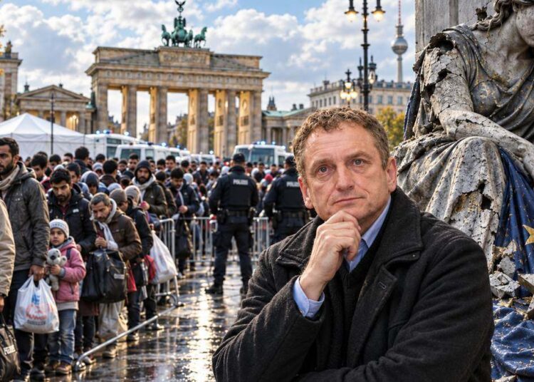 Stanislovo Buškevičiaus portretas migrantų eilės ir Europos alegorijos fone