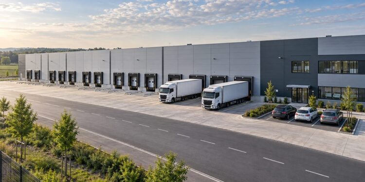 Modernus logistikos centras su sandėliais ir sunkvežimiais prie pakrovimo rampų