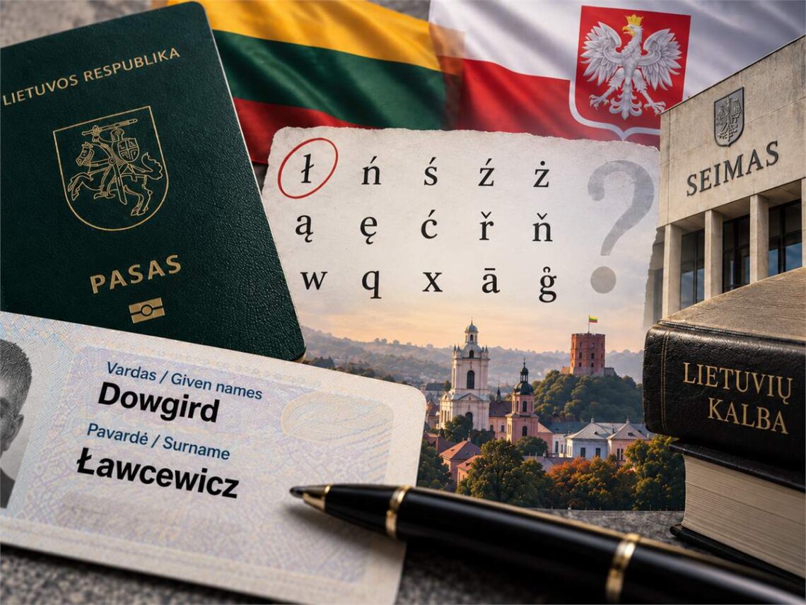 Lietuvos pasas, asmens dokumentas su pavarde Ławcewicz, Seimas ir Lietuvos bei Lenkijos simboliai