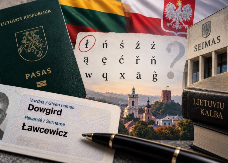 Lietuvos pasas, asmens dokumentas su pavarde Ławcewicz, Seimas ir Lietuvos bei Lenkijos simboliai