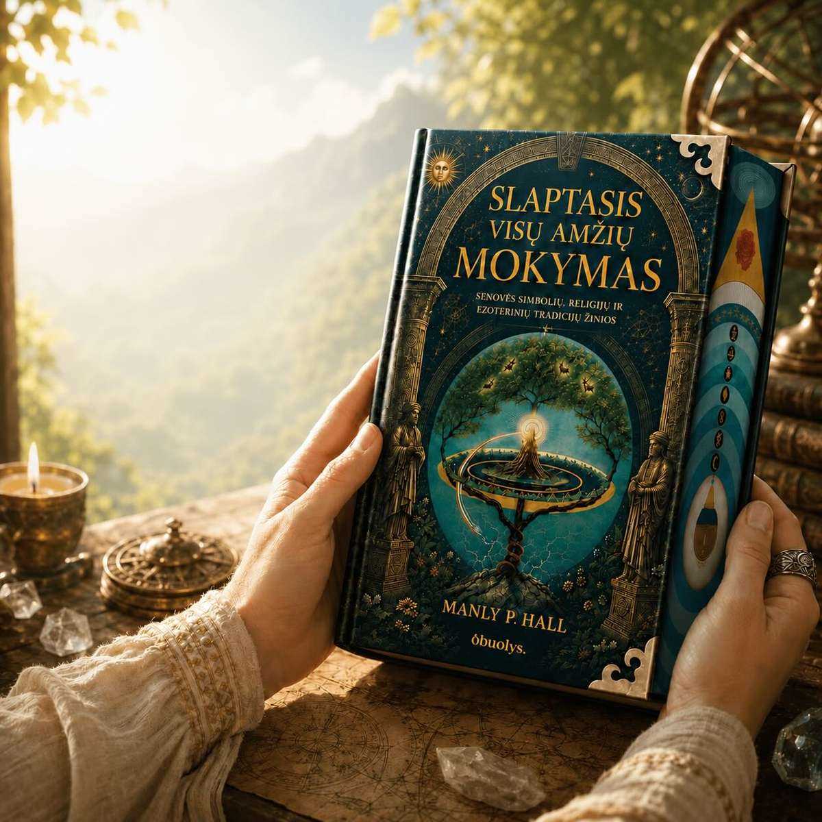 Menlio P. Holo knyga „Slaptasis visų amžių mokymas“ laikoma rankose