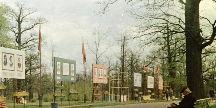 Garbės alėja Ąžuolyne su portretų stendais ir ant suolo sėdinčiu žmogumi 1960 metais