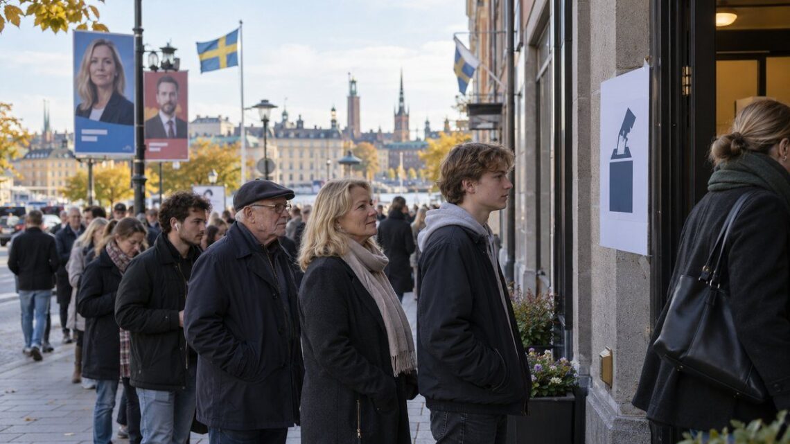 Rinkėjų eilė prie balsavimo vietos Švedijoje