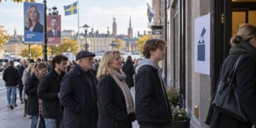 Rinkėjų eilė prie balsavimo vietos Švedijoje