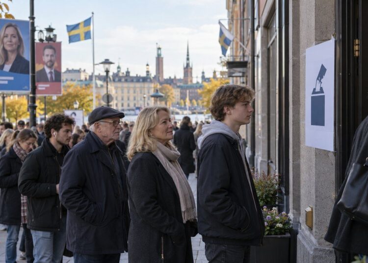 Rinkėjų eilė prie balsavimo vietos Švedijoje