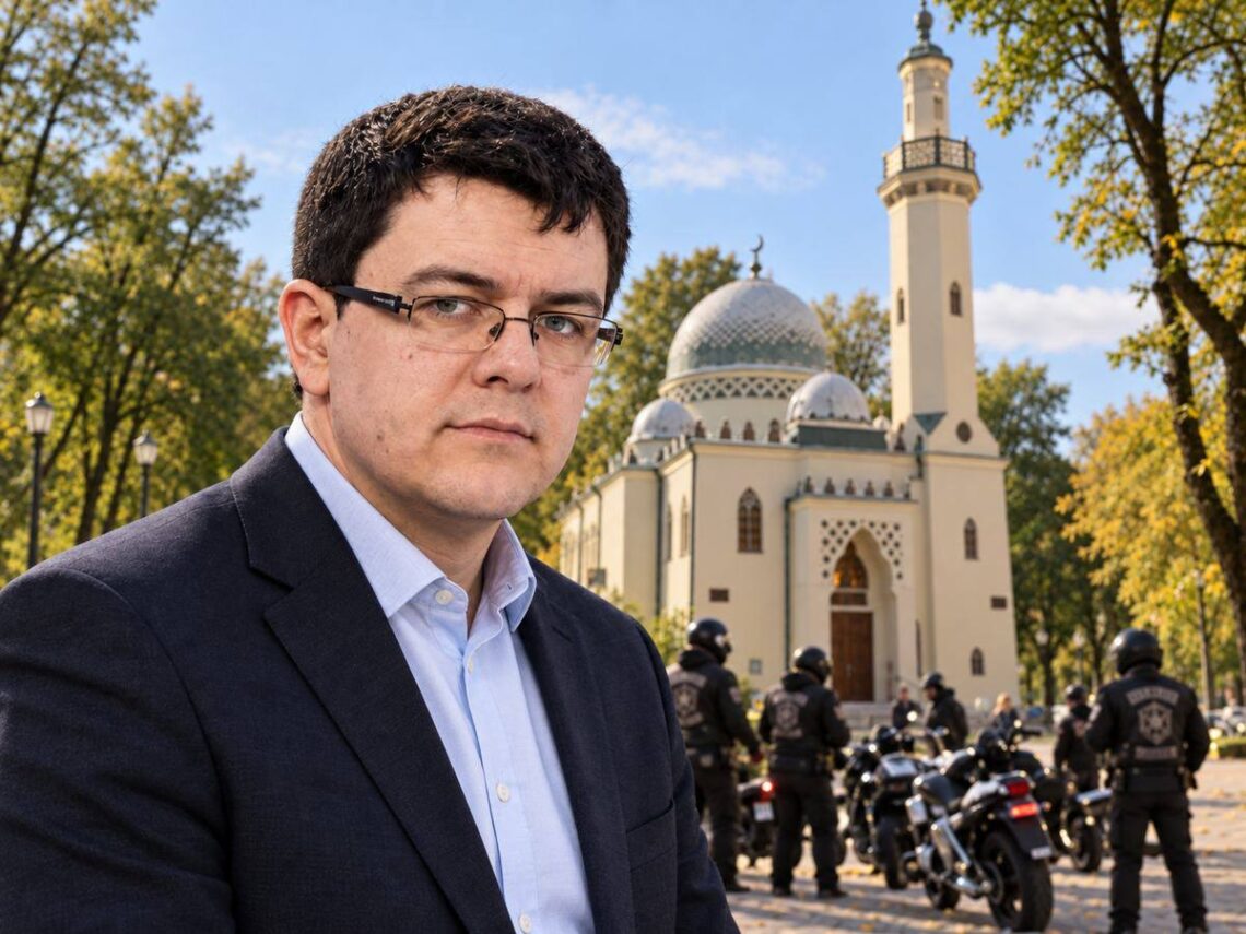 Vytautas Sinica pirmame plane, fone Kauno mečetė ir motociklininkai