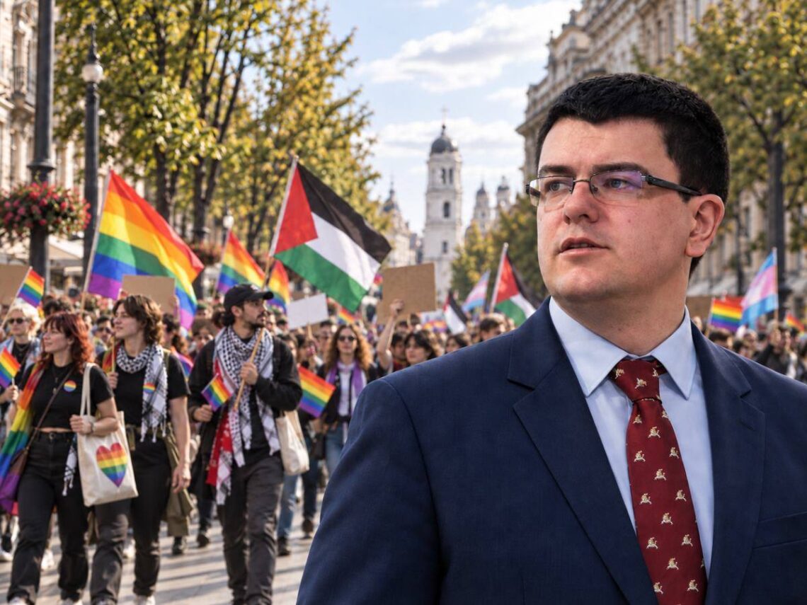 Vytautas Sinica pirmame plane, fone – eisenos dalyviai su LGBT ir Palestinos vėliavomis