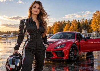 2026 m. spalio 9-osios horoskopas – jauna lenktynininkė prie raudono sportinio automobilio rudens aerodrome