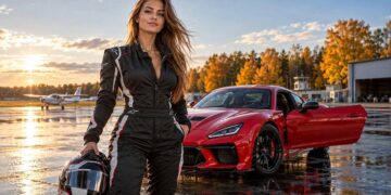 2026 m. spalio 9-osios horoskopas – jauna lenktynininkė prie raudono sportinio automobilio rudens aerodrome