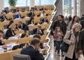 Lietuvos Seimo posėdžių salės vaizdas kairėje ir įvairaus amžiaus gyventojai dešinėje, atskirti zigzagine linija