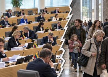 Lietuvos Seimo posėdžių salės vaizdas kairėje ir įvairaus amžiaus gyventojai dešinėje, atskirti zigzagine linija