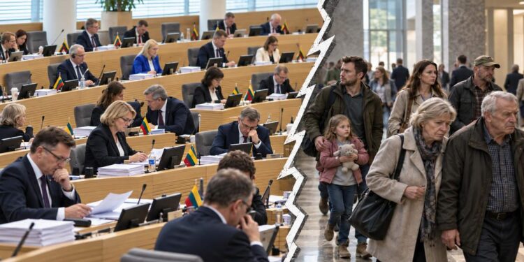 Lietuvos Seimo posėdžių salės vaizdas kairėje ir įvairaus amžiaus gyventojai dešinėje, atskirti zigzagine linija