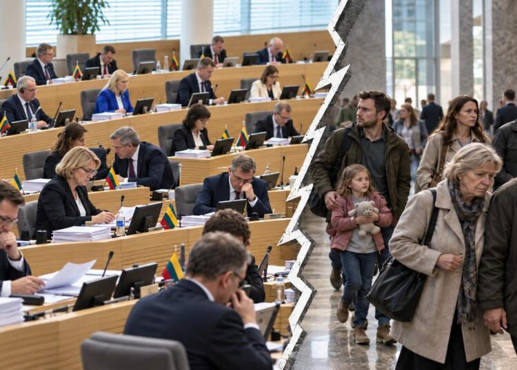 Lietuvos Seimo posėdžių salės vaizdas kairėje ir įvairaus amžiaus gyventojai dešinėje, atskirti zigzagine linija