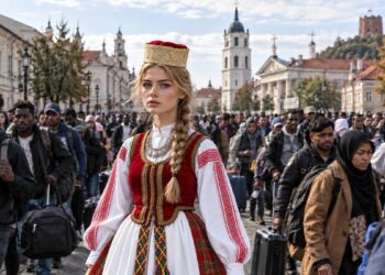 Jauna moteris aukštaitiškais tautiniais drabužiais Vilniaus senamiestyje, už jos – didelė įvairių tautybių žmonių su lagaminais minia