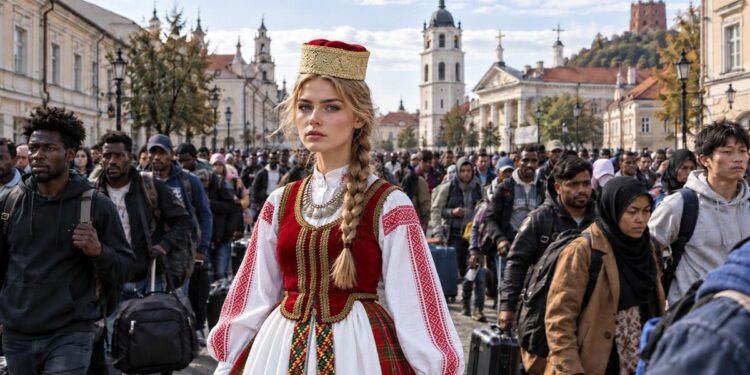 Jauna moteris aukštaitiškais tautiniais drabužiais Vilniaus senamiestyje, už jos – didelė įvairių tautybių žmonių su lagaminais minia