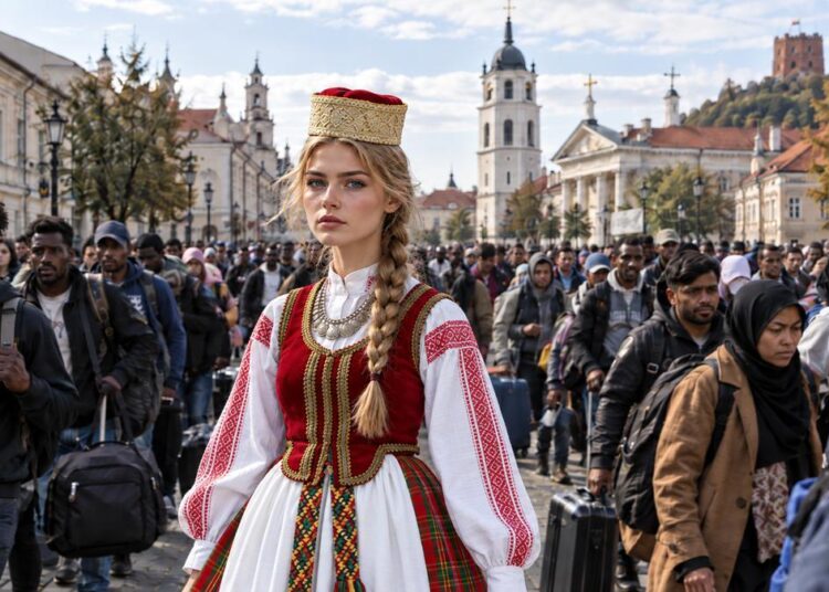 Jauna moteris aukštaitiškais tautiniais drabužiais Vilniaus senamiestyje, už jos – didelė įvairių tautybių žmonių su lagaminais minia