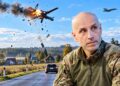 Arūno Kumpio portretas pirmame plane, fone – sprogstančio drono, NATO naikintuvo ir Lietuvos kaimo kelio vaizdinys