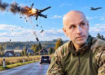 Arūno Kumpio portretas pirmame plane, fone – sprogstančio drono, NATO naikintuvo ir Lietuvos kaimo kelio vaizdinys