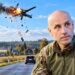 Arūno Kumpio portretas pirmame plane, fone – sprogstančio drono, NATO naikintuvo ir Lietuvos kaimo kelio vaizdinys