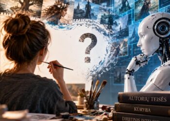 Dailininkė prie molberto ir dirbtinio intelekto robotas, apsupti kuriamų filmų vaizdų.