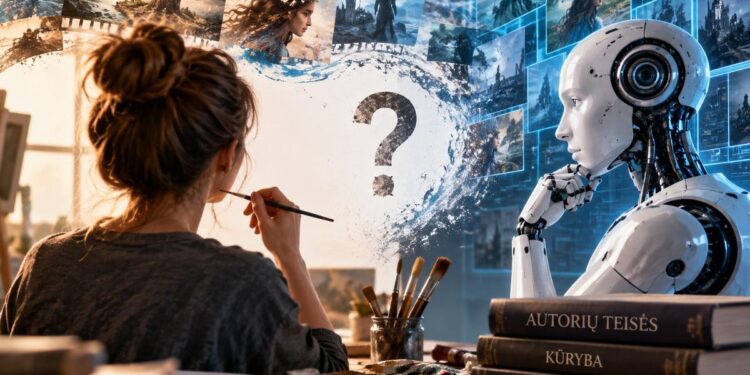 Dailininkė prie molberto ir dirbtinio intelekto robotas, apsupti kuriamų filmų vaizdų.