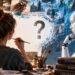 Dailininkė prie molberto ir dirbtinio intelekto robotas, apsupti kuriamų filmų vaizdų.