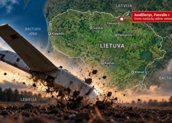 Lietuvos žemėlapis su pažymėta drono nuolaužų radimo vietove Pasvalio rajone ir iliustraciniu krintančio drono vaizdu