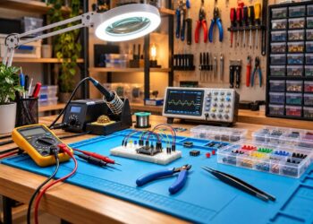Tvarkinga elektronikos dirbtuvė su litavimo stotele, multimetru, osciloskopu, bandymų plokšte ir komponentais