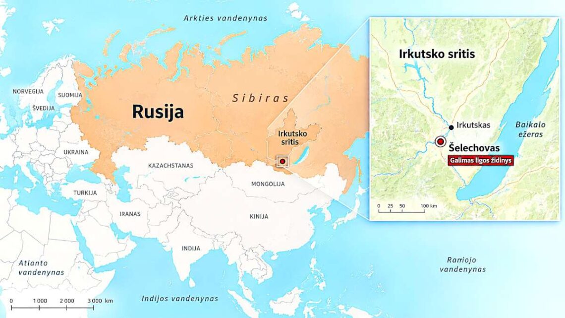 Žemėlapis, rodantis Irkutsko sritį Rusijoje ir Šelechovą – galimą ligos židinio vietą