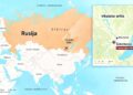 Žemėlapis, rodantis Irkutsko sritį Rusijoje ir Šelechovą – galimą ligos židinio vietą