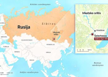 Žemėlapis, rodantis Irkutsko sritį Rusijoje ir Šelechovą – galimą ligos židinio vietą