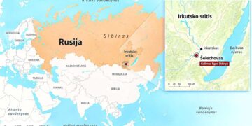 Žemėlapis, rodantis Irkutsko sritį Rusijoje ir Šelechovą – galimą ligos židinio vietą